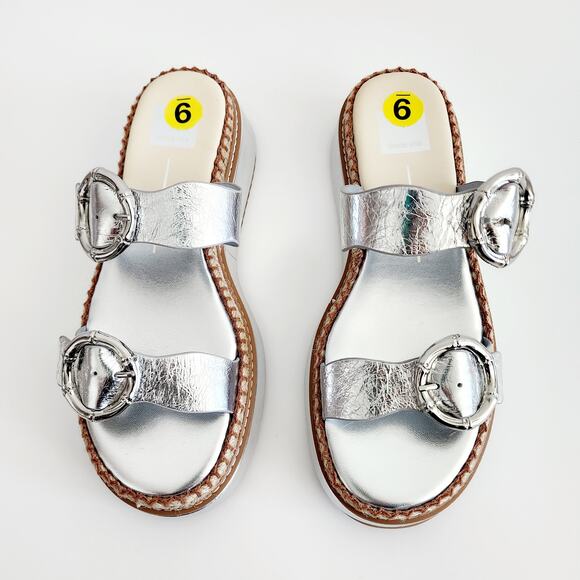 Dolce Vita Metallic Silver Leather Chunky Sandals Slip On Buckle Accent Size 9 - Picture 5 of 6